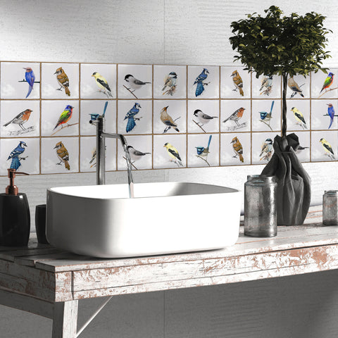White with Birds Vintage Square Nature Tile Stickers