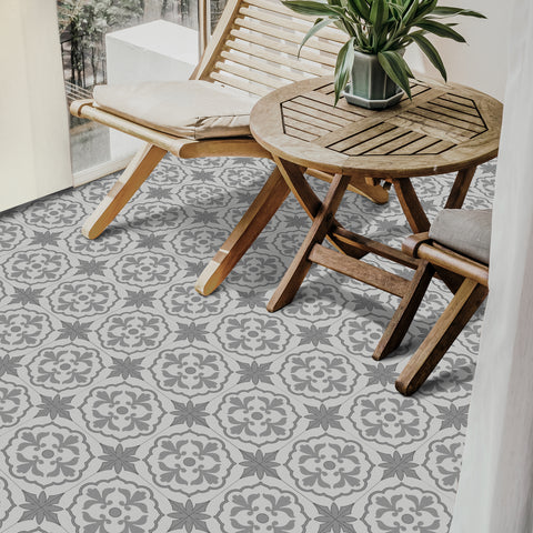 Grey Floral Floor Tile Stickers Retro Peel and Stick Geometric Easy Apply