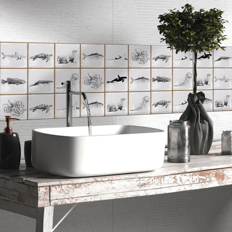 White with Sea Creature Square Nature Tile Stickers