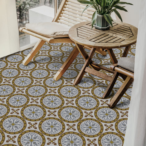 Black Gold Floral Floor Tile Stickers Retro Peel and Stick Geometric Easy Apply