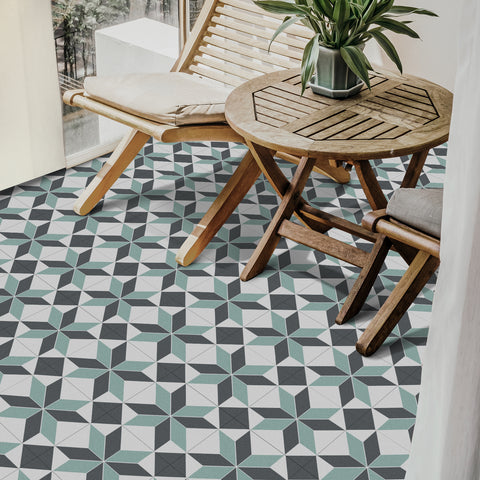 Grey and Green Geometric Flower Floor Tile Stickers Peel and Stick Modern