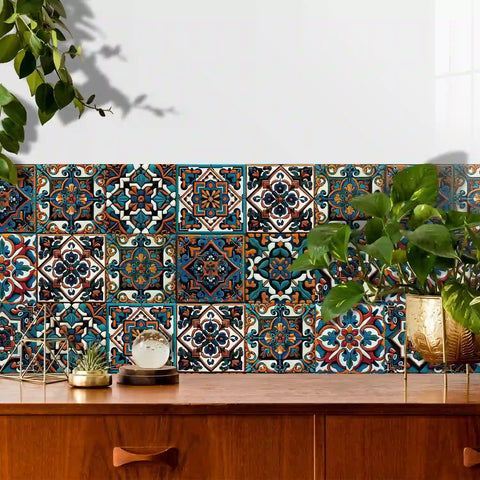 Retro blue and orange: the exotic style of tile stickers