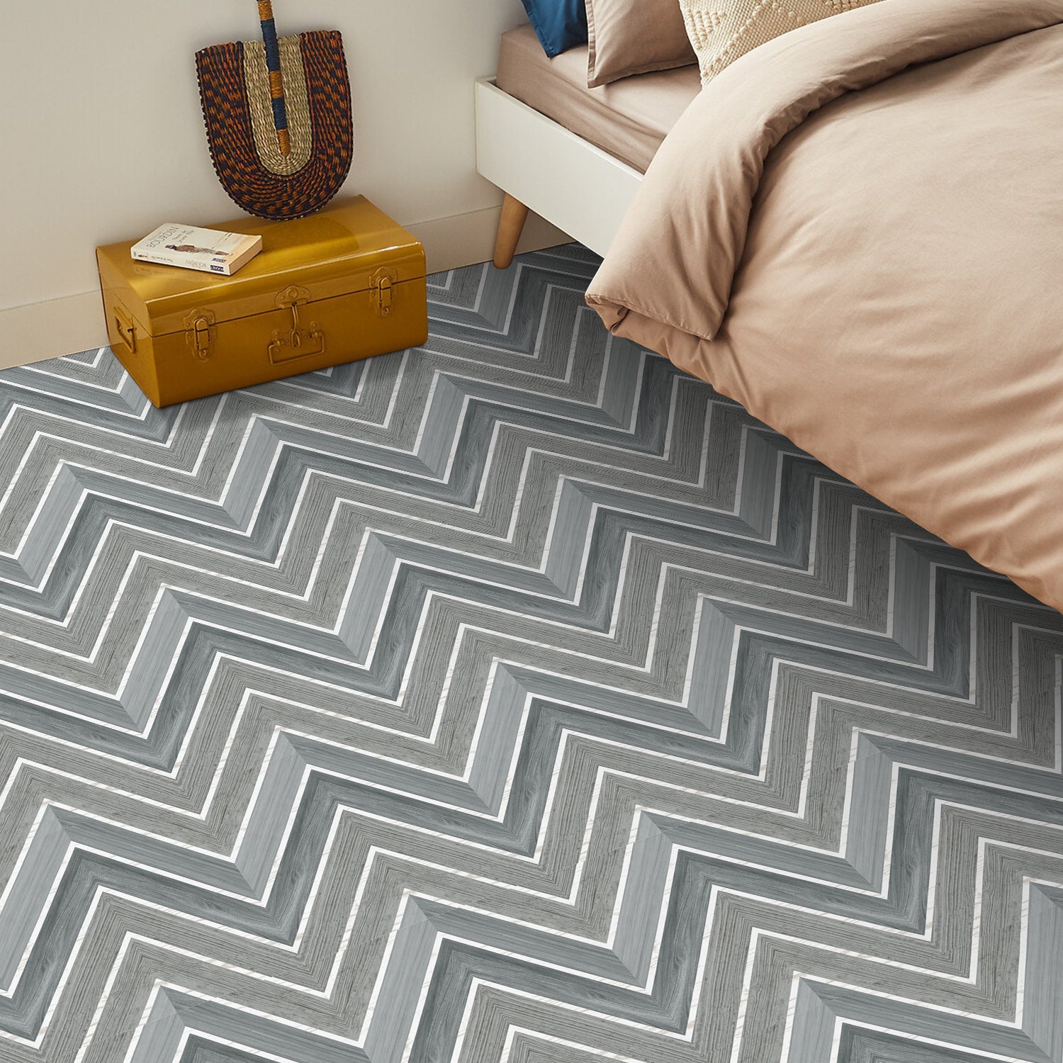 Herringbone Grey Wood Peel and Stick Vinyl Flooring for Bedroom