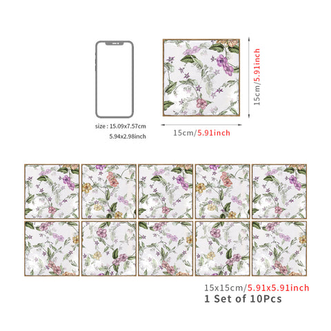 White with Vivid Flower Fantasy Square Nature Tile Stickers 10PCS