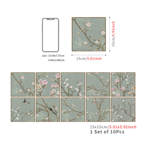 Green with Pink Plum Blossom Square Nature Tile Stickers 10PCS