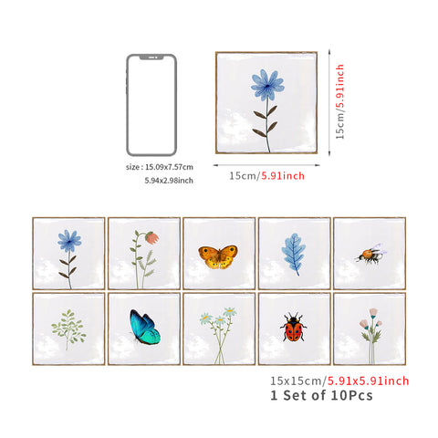 White with Colorful Butterfly Flower Square Nature Tile Stickers 10PCS
