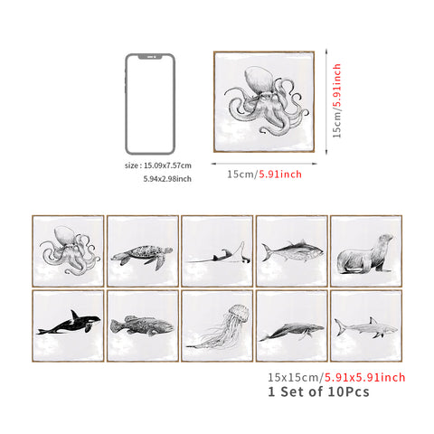 White with Sea Creature Square Nature Tile Stickers