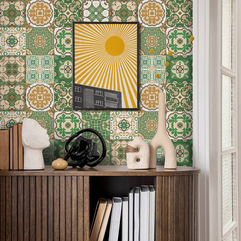 Green Vintage Art Tile Stickers Wallpapers 12 Pcs Rustic Furniture Renovation