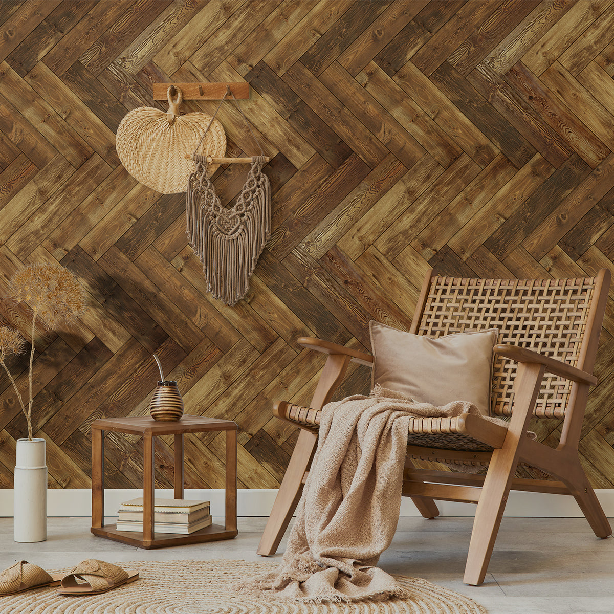 Frosted Foam Tile Sticker (Brown And Grey) 24pcs Peel and Stick Wallpaper Ancient European Wood-Grain Style Wall Decor