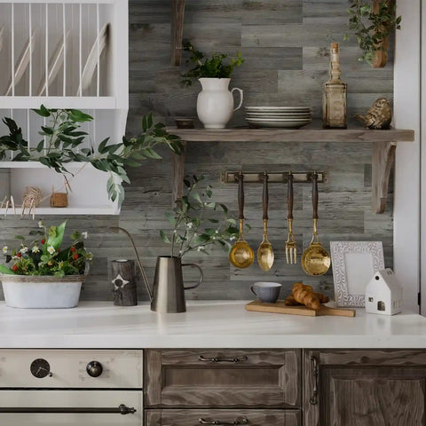 Frosted Foam Tile Sticker (Grey) 24pcs Peel and Stick Wallpaper Ancient European Wood-Grain Style Wall Decor