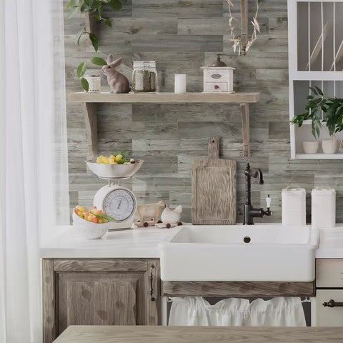Frosted Foam Tile Sticker (Grey) 24pcs Peel and Stick Wallpaper Ancient European Wood-Grain Style Wall Decor