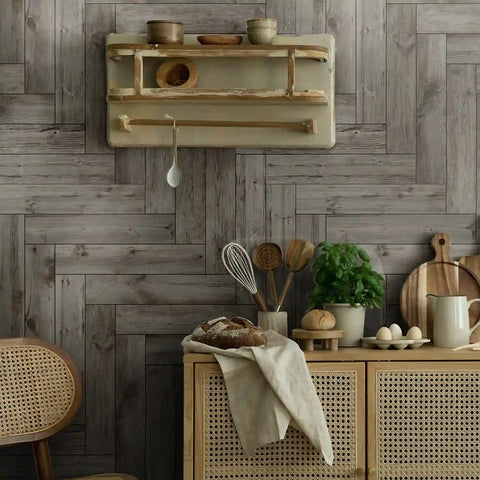 Frosted Foam Tile Sticker (Grey) 24pcs Peel and Stick Wallpaper Ancient European Wood-Grain Style Wall Decor