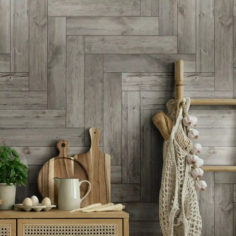 Frosted Foam Tile Sticker (Grey) 24pcs Peel and Stick Wallpaper Ancient European Wood-Grain Style Wall Decor