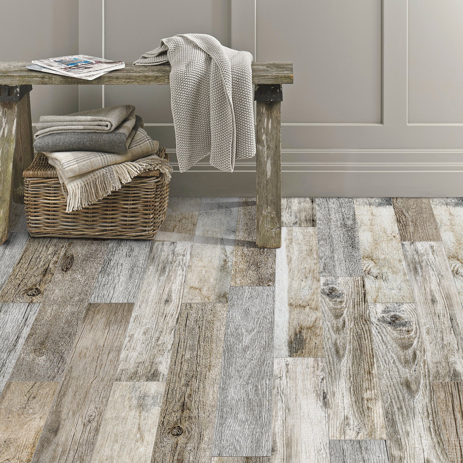 Grey Oak Stick and Peel Wood Floor Wallpaper