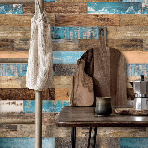 Aged Oak and Blue Accent Wood Pattern Wallpaper for Wall decoration