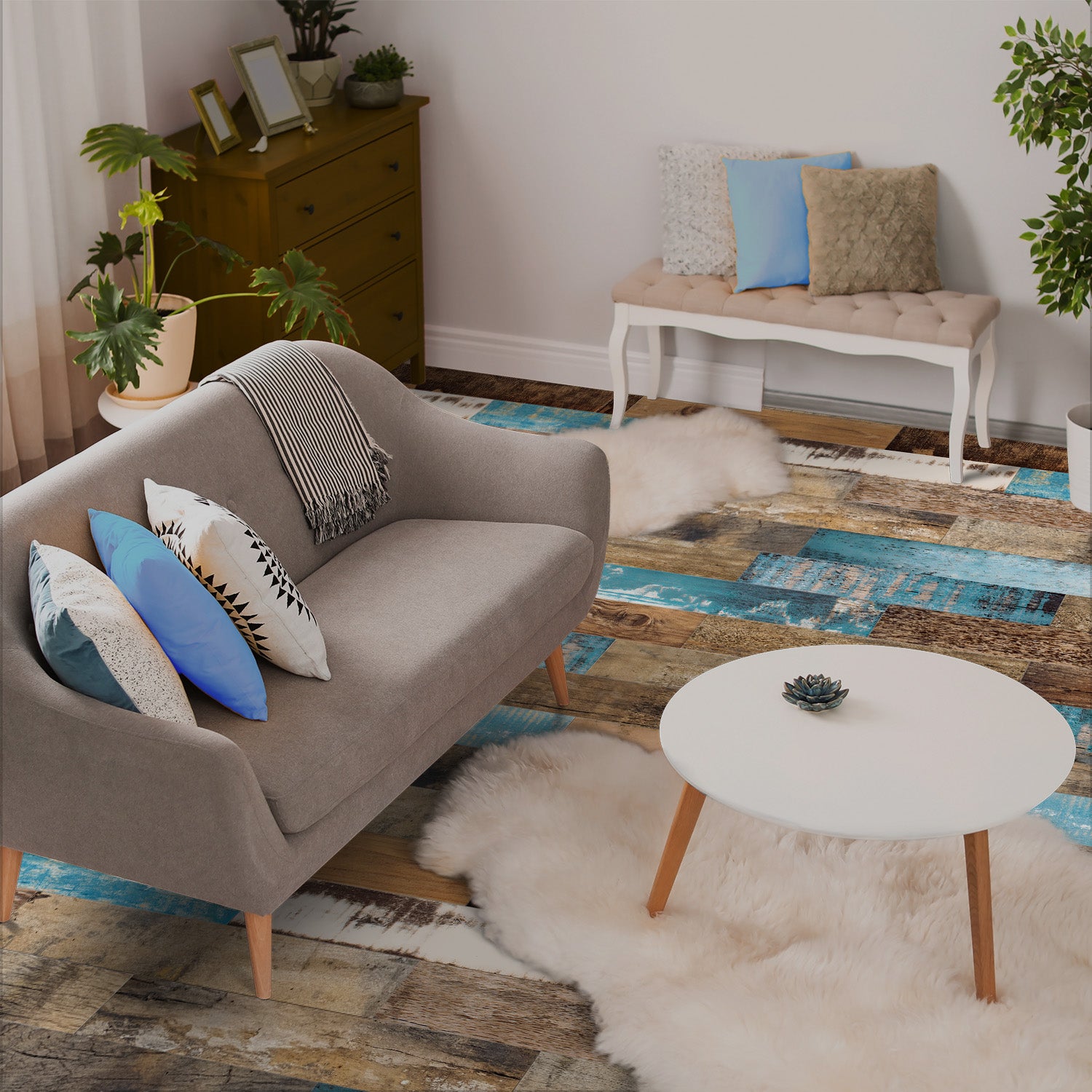 Aged Oak and Blue Accent wood floor wallpaper