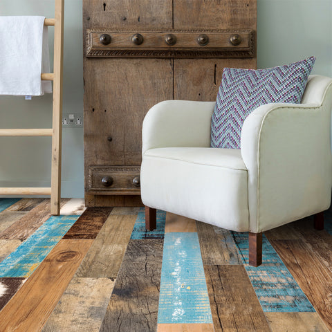 Aged Oak and Blue Accent wallpaper wooden panel