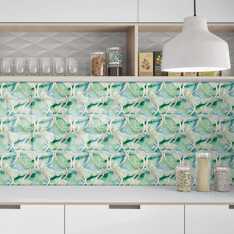 Lake Green and Gold Curved Line Stone Texture Wallpaper Tiles Stickers Peel and Stick