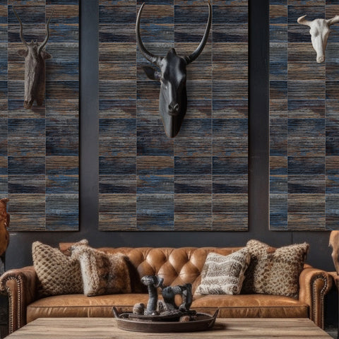 Trendy Blue and Brown Rustic Wood Wallpaper for Living Room