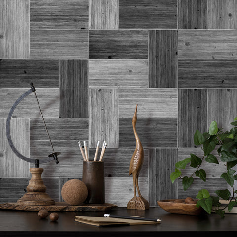 Textured Black and White Wood Panel Wallpaper for Home Decor