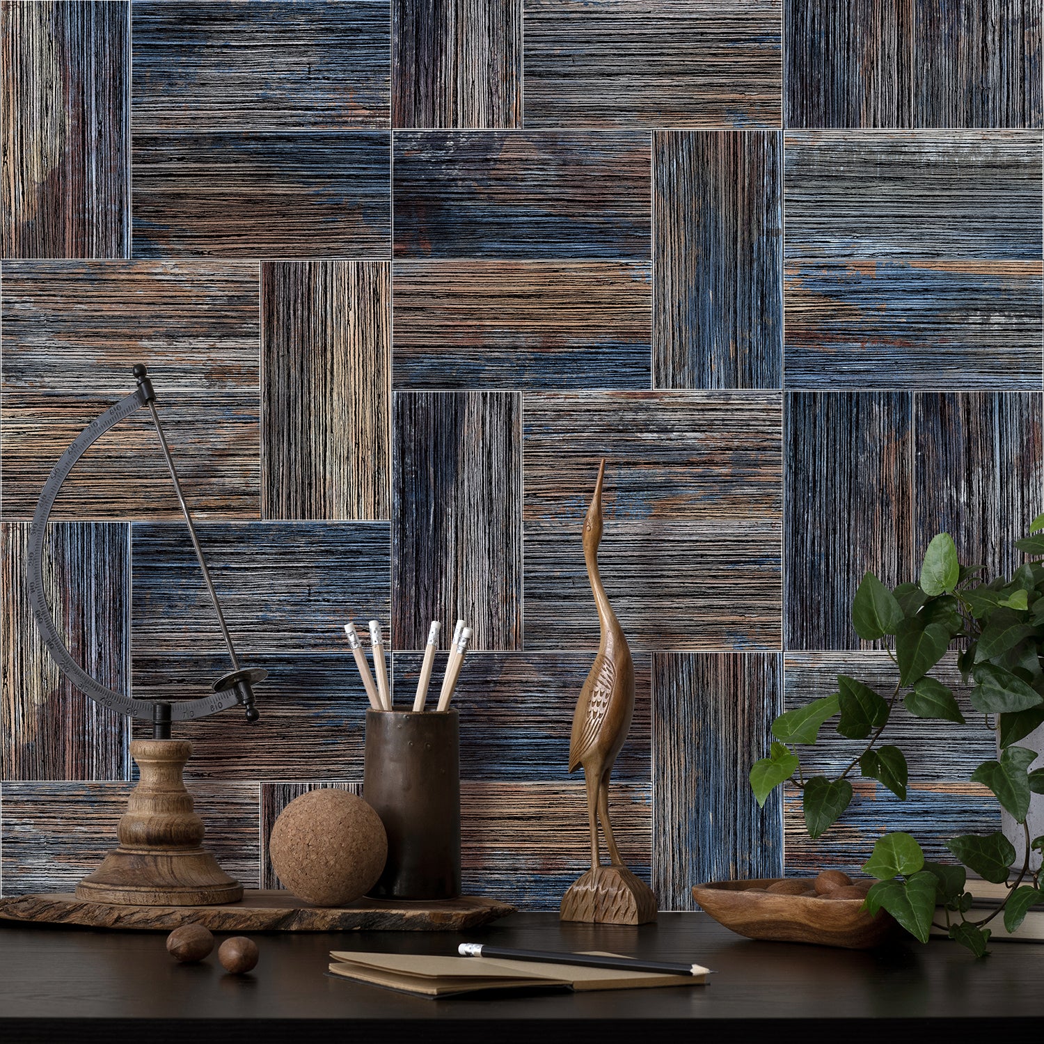 Trendy Blue and Brown Wood Like Wallpaper