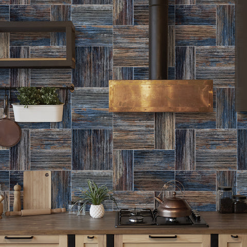 Trendy Blue and Brown Wood Like Wallpaper