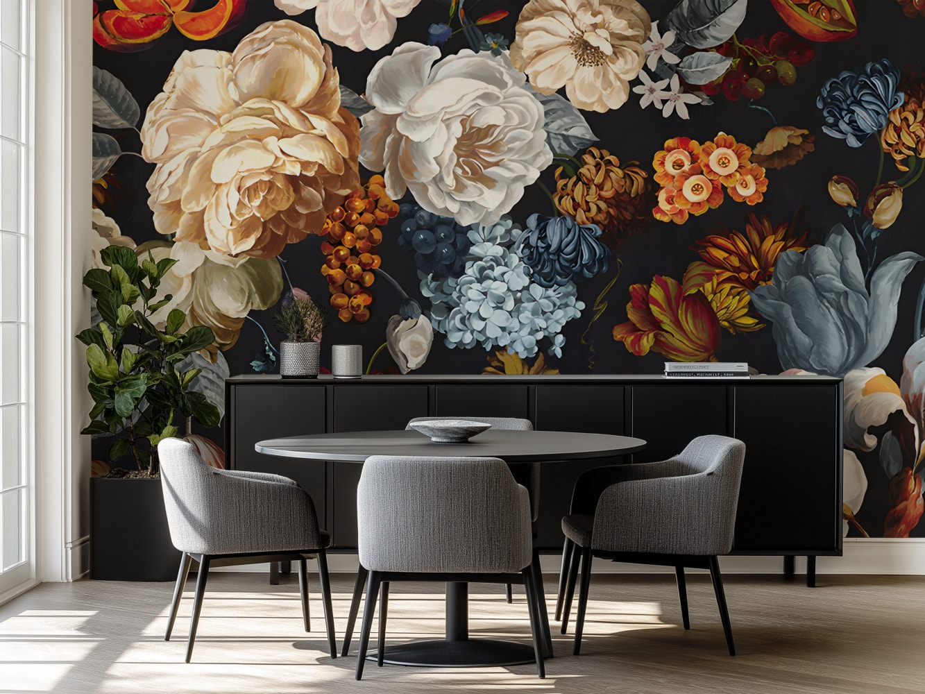 dark large floral wallpaper colorful diningroom