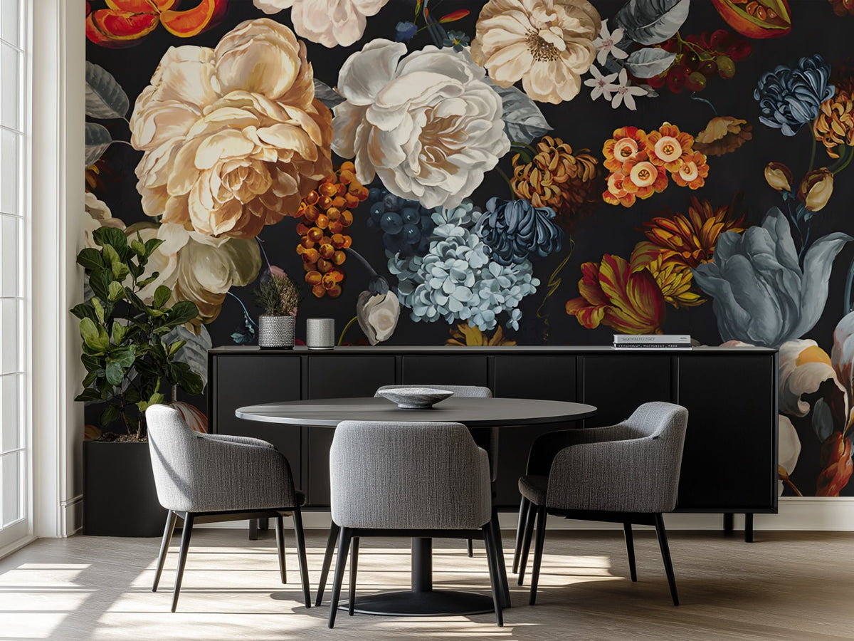dark large floral wallpaper colorful diningroom