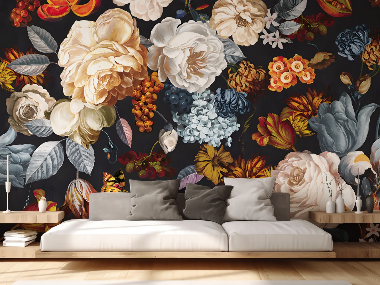 dark floral mural wallpaper colorful