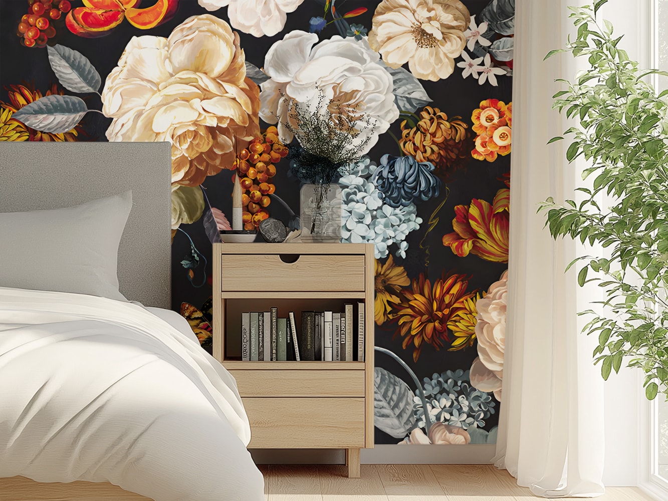 dark large colorful floral wallpaper for bedroom