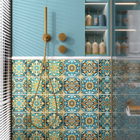 Artistic interpretation of retro style - blue and gold ceramic tile stickers