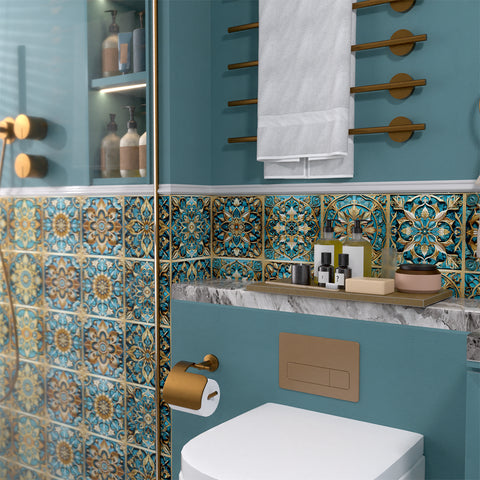 Artistic interpretation of retro style - blue and gold ceramic tile stickers