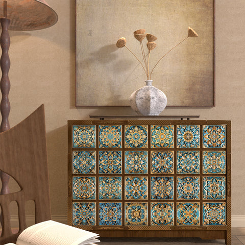 Artistic interpretation of retro style - blue and gold ceramic tile stickers