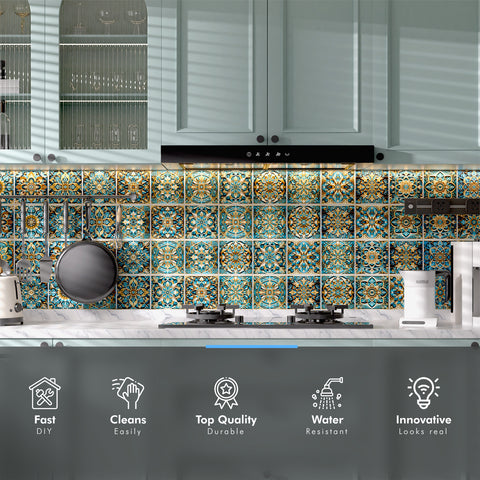 Artistic interpretation of retro style - blue and gold ceramic tile stickers