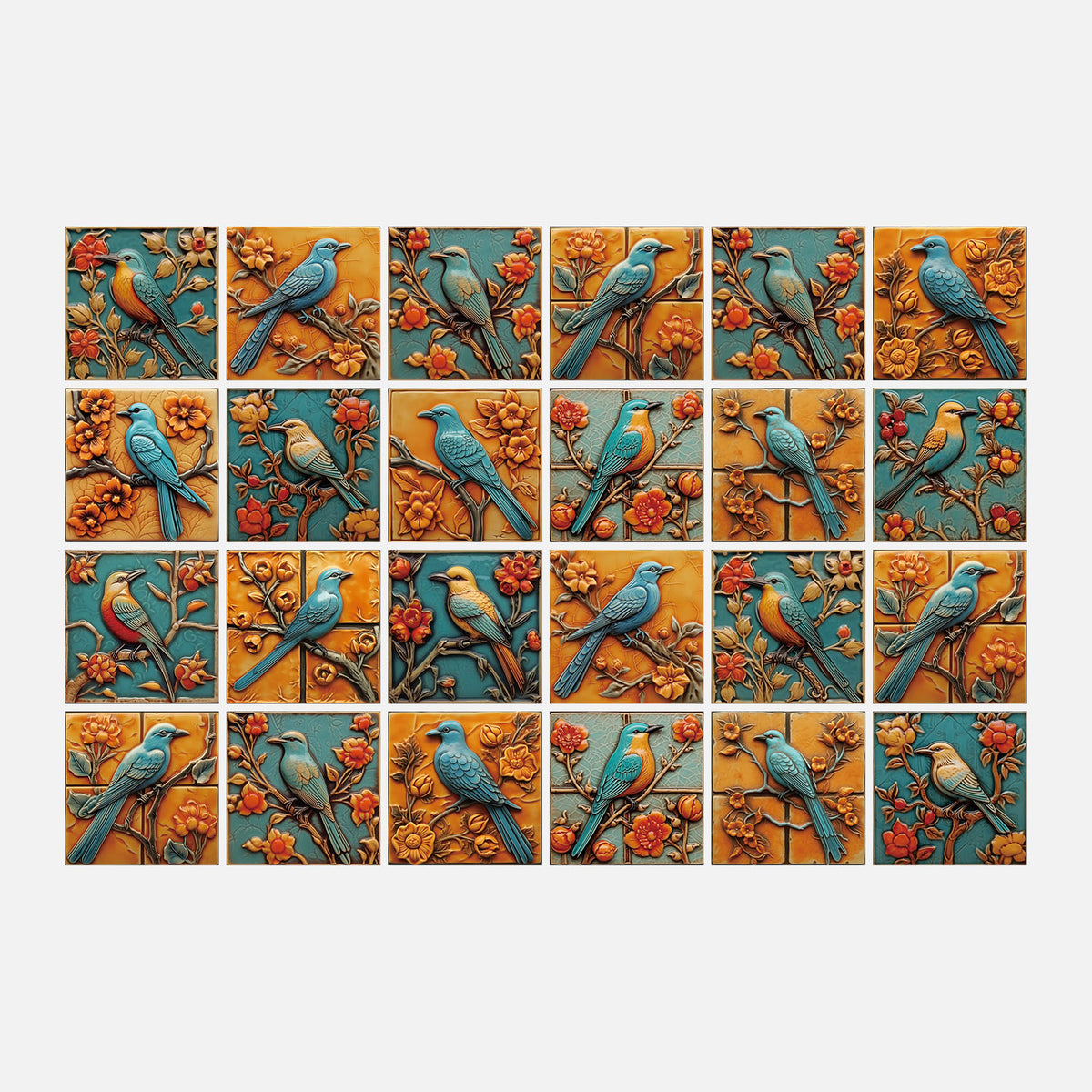 Birds and flowers - Blue and orange flower and bird tile stickers