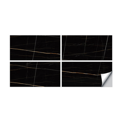 Instant Peel Stick Black Marble Effect Tile Floor Decals with Seamless Beauty Lines