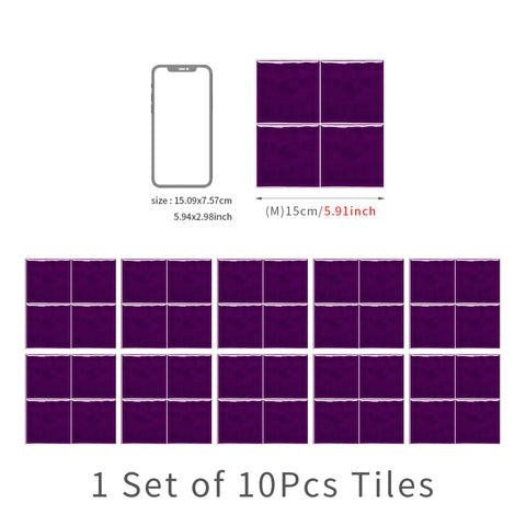 Purple French Country Style Wallpaper Glazed Square Tile Sticker 10PCS