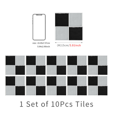 Black and Light Grey Modern Glazed Wallpaper Square Tile Sticker 10PCS