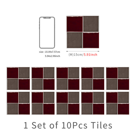 Red and Grey Modern Glazed Wallpaper Square Tile Sticker 10PCS