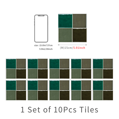 Green Brown Grey Modern Glazed Wallpaper Square Tile Sticker 10PCS