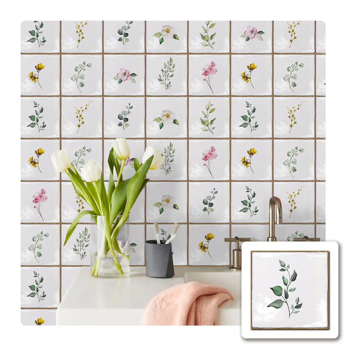Provence Wall Stickers Simplistic Elegance, Bird and Floral Design, Waterproof, Easy Installation, Perfect for Kitchens, Bathrooms, Living Rooms, and Schools
