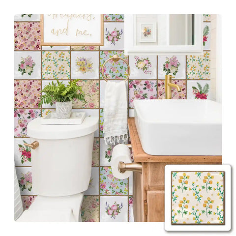 Provence Brick Decal Unique Floral Wall Decals, Personalized Peel and Stick for Living Room & Kitchen Backsplash Easy to Remove