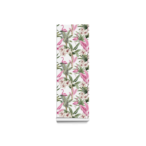 Tropical Vibe Wallpaper - Lively Design of Pink Flamingos Intertwined with Green Leaves