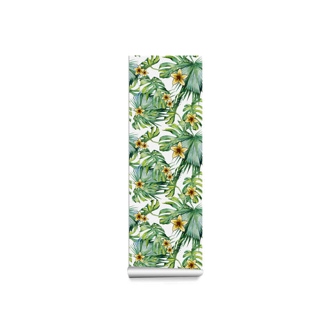 Tropical Floral Forest Wallpaper - Fresh Green Leaves with Bright Yellow Flowers in Natural Harmony