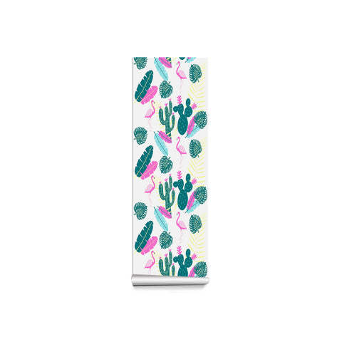 Tropical Vibe Forest Wallpaper - Vivid Pink Flamingos and Dark Green Cacti in a Whimsical Design