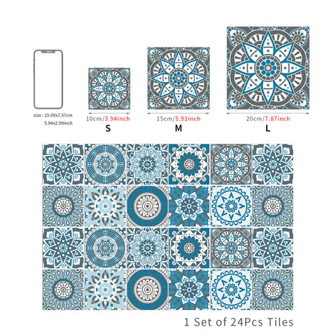 Blue and white mandala tile stickers: interpreting the beauty of mystery and tranquility