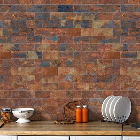 Warm Brown and Orange Stone Tile Stickers Rustic Rock Wallpapers 24Pcs