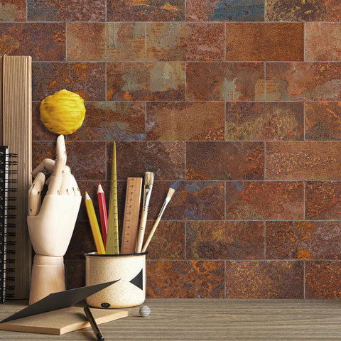 Warm Brown and Orange Stone Tile Stickers Rustic Rock Wallpapers 24Pcs