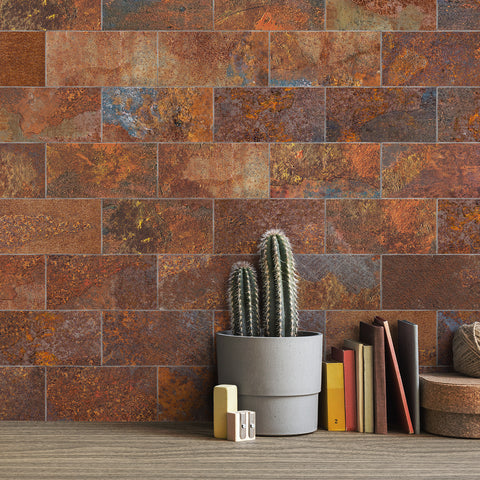 Warm Brown and Orange Stone Tile Stickers Rustic Rock Wallpapers 24Pcs