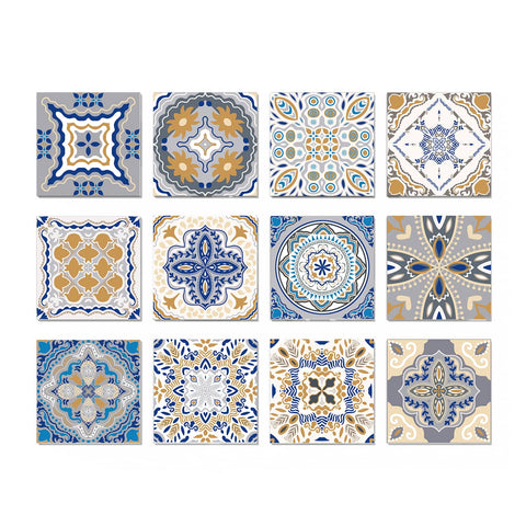 Blue and Grey Vintage Art Tile Stickers Wallpapers 12 Pcs Furniture Renovation